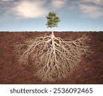 A vibrant tree stands tall above the ground, its intricate network of roots sprawling beneath the surface, illustrating the vital relationship between air and soil. This is a 3d render illustration