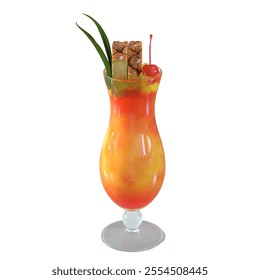 A vibrant tropical cocktail served in an elegant glass, garnished with pineapple, cherry, and green leaves. - Powered by Shutterstock