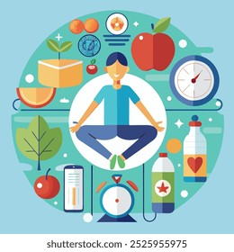 A vibrant vector illustration showcasing a person surrounded by colorful fruits, vegetables, and whole grains. The image promotes a healthy lifestyle, emphasizing balanced nutrition and wellness in an - Powered by Shutterstock