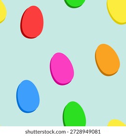Vibrant vector seamless background featuring festive Easter eggs and delicate flowers. Ideal for spring holiday wrapping paper, textile prints, greeting cards, and seasonal web design.