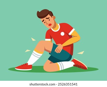 In a vibrant vector style, the illustration depicts a footballer grimacing in pain on the field, clutching his injured leg. Striking colors highlight the intensity of the moment - Powered by Shutterstock