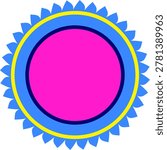 A vibrant vector sunburst design featuring a bright magenta core surrounded by blue and yellow geometric shapes. Perfect for creative projects, logos, or decorative elements.