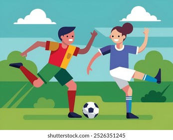 In a vibrant vector-style illustration, a female and male soccer player unite on the field, showcasing teamwork and passion. Their dynamic poses capture the excitement of the game as they dribble - Powered by Shutterstock