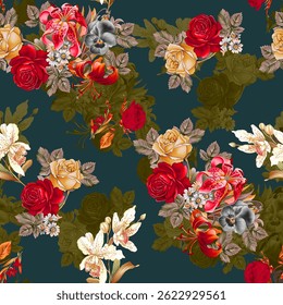 A vibrant and versatile seamless allover pattern featuring intricate, repeating elements perfect for a variety of applications. colorful flowers background.watercolor, Illustration