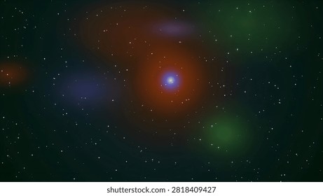 A vibrant view of a glowing star in deep space surrounded by colorful nebula gas clouds and a vast field of twinkling stars in the night sky.