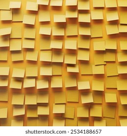 A vibrant wall is a patchwork of yellow sticky notes, each displaying handwritten thoughts and reminders. The notes overlap in a chaotic yet creative arrangement, inviting curiosity. 3D Illustration - Powered by Shutterstock