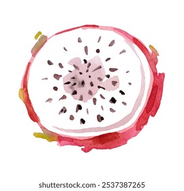 Vibrant watercolor illustration of a dragon fruit slice with pink skin and white flesh dotted with seeds. Perfect for food art, tropical designs, healthy eating projects, and culinary illustrations. - Powered by Shutterstock