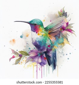 Una vibrante ilustración acuarela de un colibrí. Los detalles de sus plumas son muy completos, en tonos rosa, violeta y verde. El pájaro se muestra en una postura naturalista, manoseando elegante