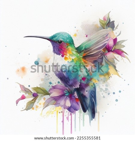 A vibrant watercolor illustration of a hummingbird. The intricate details of its feathers are captured in shades of pink, purple and green. The bird is shown in a naturalistic pose, hovering gracefull