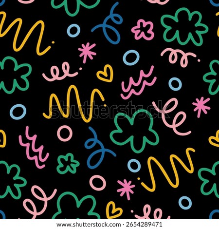 A vibrant and whimsical seamless pattern featuring an array of colorful hand-drawn shapes including squiggles, circles, hearts, stars, and abstract cloud-like forms, all set against a contrasting blac
