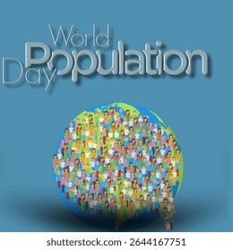 Vibrant World Population Day illustration showing diverse people on Earth, symbolizing global population awareness, and diversity. Perfect for educational and environmental campaign designs.