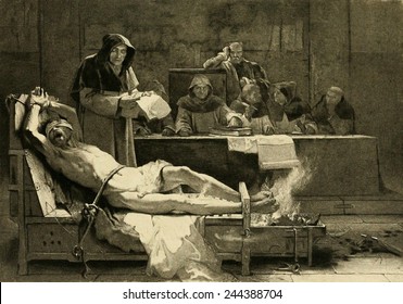Victim of the Spanish Inquisition being tortured before a tribunal of the Spanish Inquisition. The Inquisition was established by the Spanish monarchy in 1478.