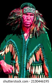 VICTORIA BC CANADA JUNE 24 2015: Pop Art Sign Of Native Indian Man In Traditional Costume. First Nations In BC Constitute A Large Number Of First Nations Governments And Peoples In The Province Of BC