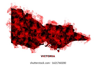 Victoria Map Fire On White Background. Bushfire In Australia Wilderness. Save Australia Concept. Series Of Massive Bushfires Across Australia.