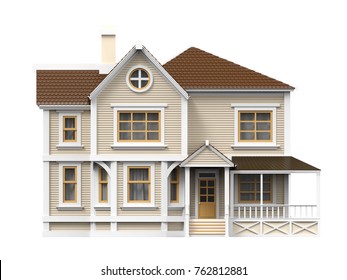 victorian cartoon family house, front view, isolated on white. 3d illustration