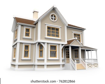 Victorian Cartoon Family House Isolated On White. 3d Illustration