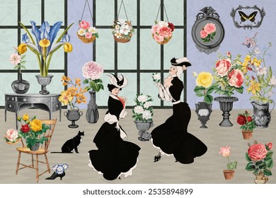 Victorian era aesthetic background, vintage illustration. Women collage illustration. Vintage Victorian women flower collage art drawing illustration, old painting art collage flower shop background. - Powered by Shutterstock