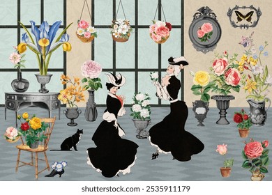 Victorian era aesthetic background, vintage illustration. Women collage illustration. Vintage Victorian women flower collage art drawing illustration, old painting art collage flower shop background. - Powered by Shutterstock