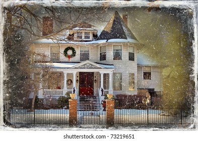 Victorian House In Snow At Christmas Time