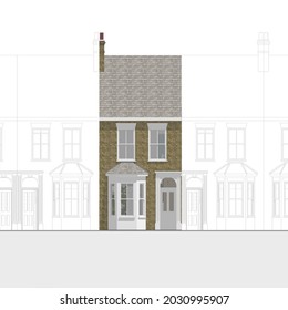 Victorian House Terrace Illustration. With One House Colored And Others Black And White.3d Illustration