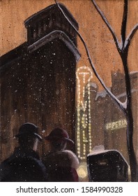 Victorian Street Scene Of A Couple Going To A Theatre On A Misty, Rainy Night.  