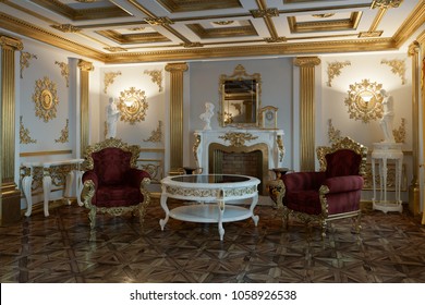 Victorian Style Living Room With Modern Furniture - 3 D Render Using Cinema 4D Corona Render