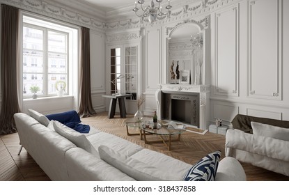 Victorian Style Living Room With Modern Furniture - 3 D Render Using 3 D S Max