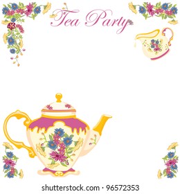 Victorian Tea Pot Tea Party Invitation. Pretty Victorian Style Tea Pot And Creamer With Flower Detail