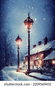 Victorian Vintage Style Christmas Card 3d Illustration Snowing Landscape Village Scenery European Quaint  Cottage Little Town Moonlit At Night Starlight