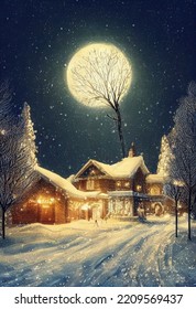 Victorian Vintage Style Christmas Card 3d Illustration Snowing Landscape Village Scenery European Quaint  Cottage Little Town Moonlit At Night Starlight