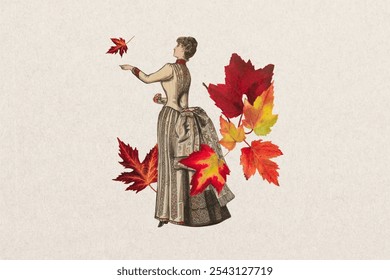 Victorian woman and autumn leaves background. Vintage woman and autumn fall leaves aesthetic collage art. Vintage woman and leaf collage art drawing illustration, old painting art print of woman. - Powered by Shutterstock