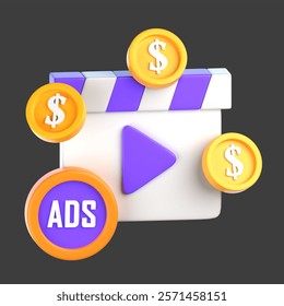 Video Ads 3D Icon, featuring a film reel or a play button, symbolizing advertising through video content and multimedia engagement - Powered by Shutterstock - Get 15% off with code: PIKWIZARD15
