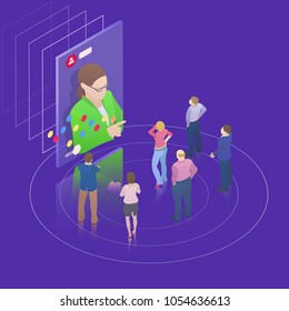Video broadcast in social network. Flat 3d isometric design concept. People watch a video broadcast on the screen. Video streaming on smartphone. Raster image