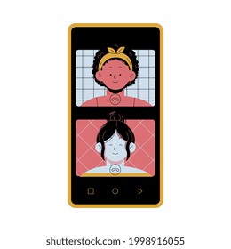 Video Call Or Facetime Between Two People On Mobile Phone. Simple Clip Art Illustration. Flat Character Icon. Women On Call.