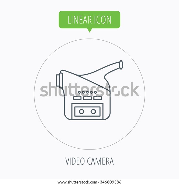 Video camera icon. Retro cinema sign. Linear outline\
circle button. 