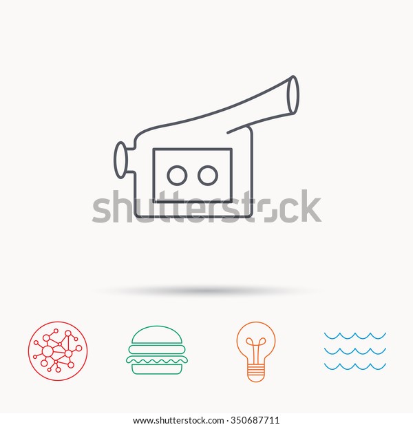 Video camera\
icon. Retro cinema sign. Global connect network, ocean wave and\
burger icons. Lightbulb lamp\
symbol.
