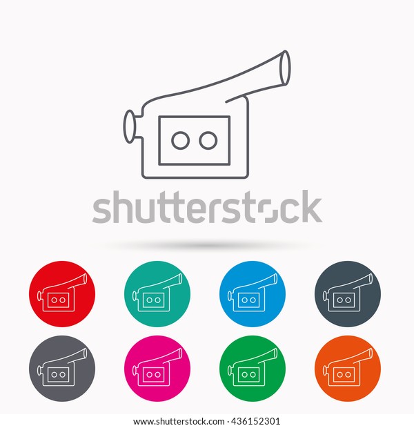 Video camera icon. Retro cinema sign. Linear\
icons in circles on white\
background.