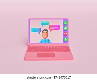 Video Chatting Online On Laptop Computer. Happy Cartoon Character Speaking. Minimal Design. Concept Of Internet Talk Call. 3d Rendering