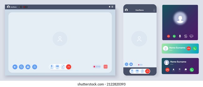 Video conference user interface.  Mockup incoming call, voicemail screen, smartphone interface  template. Flat UI, UX for application. Video call screen interface template.  illustration - Powered by Shutterstock