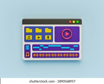 Video Editor Interface Software Application Window. Cartoon Style Minimal Design. 3d Rendering
