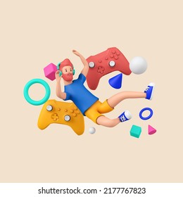 Video Game Concept. Young Gamer Surrounded By Games Controller And Abstract Shapes. 3D Rendering