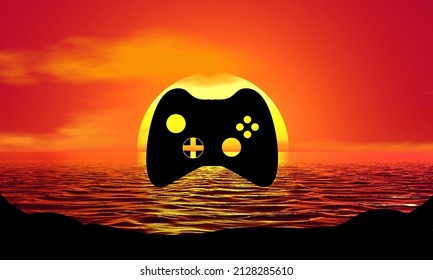 Video Game Controller Silhouette Sunset Beach Sunrise Landscape, 3d Illustration