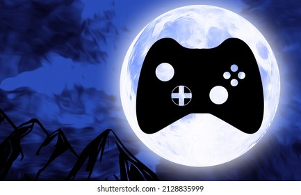 Video Game Controller Silhouette Under Full Moon At Night, 3d Illustration