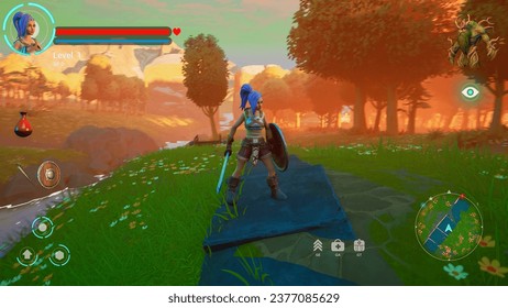 Video Game Mock-up of Playable Character Respawning in Video Game Set in Beautiful 3D Realm. Fantasy RPG With Female Hero Character on Adventure, Discovering, Looking at Goal Marked on Map. 3D Render