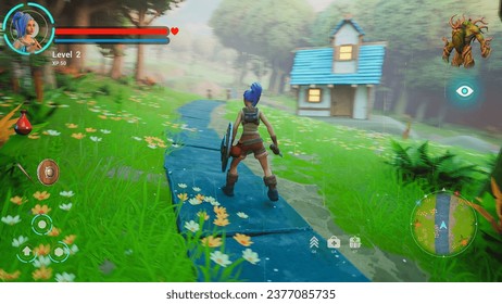 Video Game Mock-up Screen: Gameplay of 3D Fantasy Role Playing Game Featuring Female Hero Character on Adventure, Exploring World. Fun Video Game of Puzzles, Quests Set in a Magical Forest. 3D Render. - Powered by Shutterstock