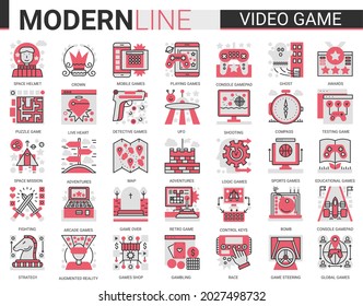 Video Game Red Black Complex Flat Line Icon Illustration Set With Entertainment Mobile App Symbols Collection, Devices And Gadgets For Gamers, Vr Glasses For Gaming In Augmented Reality.