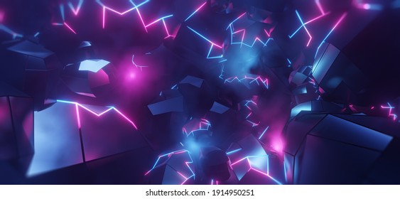 Video Game retro asteroid field. Virtual Reality space world in a block, cube effect. purple, pink and blue lights racing along a digital landscape. 3D render