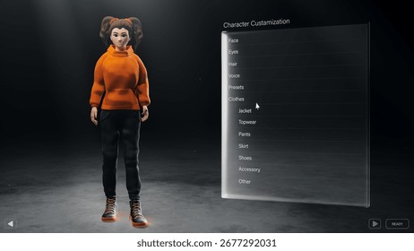 Video Game User Interface with a Player Choosing and Configuring a Character. User Dressing Up a Female Avatar. Virtual Reality eCommerce Screen Replacement