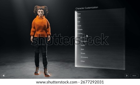 Video Game User Interface with a Player Choosing and Configuring a Character. User Dressing Up a Female Avatar. Virtual Reality eCommerce Screen Replacement