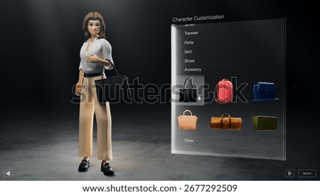 Video Game User Interface with a Player Choosing and Configuring a Character. User Dressing Up a Female Avatar. Virtual Reality eCommerce Screen Replacement
